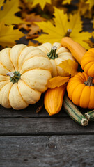 three pumpkins on a wooden surface