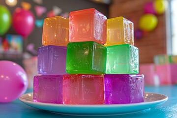 Colorful gelatin cubes stacked at party