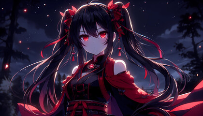 Naklejka premium Cute Anime girl in a red dress, against the background of the night
