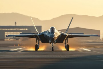 Stealth fighter jet landing at sunset runway