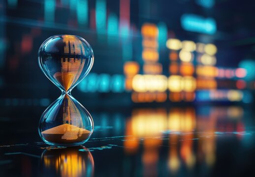 An hourglass with orange sand against a blurred financial backdrop.