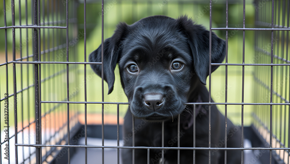 Wall mural black puppy in a wire crate looking out, cut out - stock png.