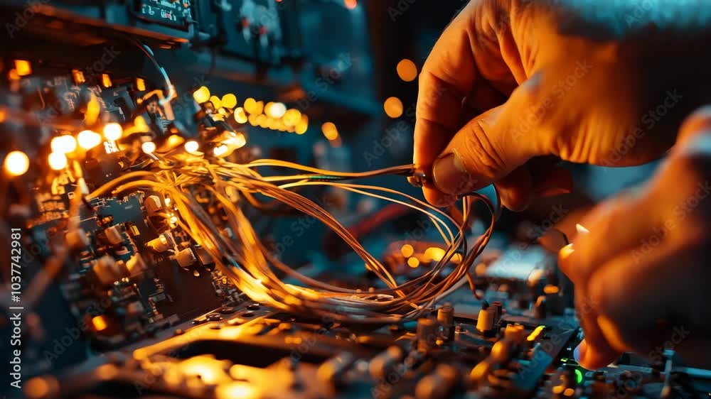 Poster A man is working on a computer with a lot of wires and lights