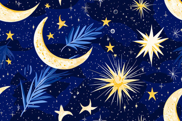 Naklejka premium seamless repetitive pattern background of stars and moons on midnight blue, celestial wonder 