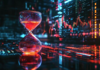 An hourglass filled with glowing liquid, set against a backdrop of digital data and charts.