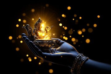 Lord Dhanvantari holding the Amrit kalash in a divine pose, surrounded by glowing light and celestial symbols