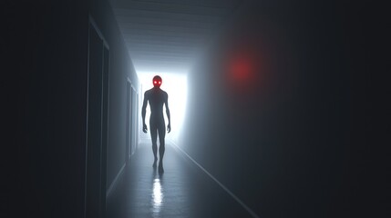 Mysterious figure with glowing red eyes lurking in a shadowy corridor, creating an eerie vibe
