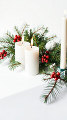 burning white candles adorned with pine berries