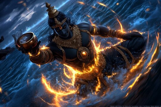 Lord Dhanvantari emerging from the ocean during Samudra Manthan, holding a pot of nectar, surrounded by divine light