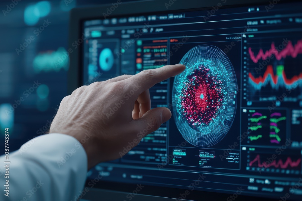 Poster a scientist examining digital data visualization on a touchscreen monitor in a futuristic lab.