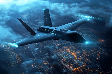 Obraz premium Futuristic stealth aircraft flying over city at night