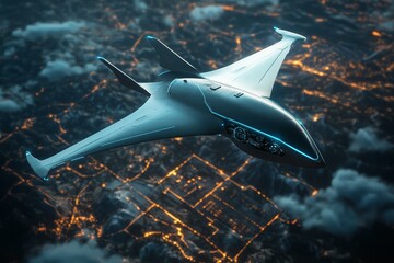 Fototapeta premium Futuristic stealth aircraft flying over city at night