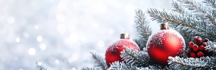 Winter holiday banner with red Christmas balls on snow-covered fir branches and copy space. Seasonal design. Banner.