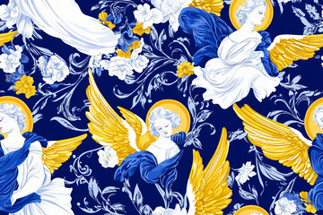 seamless repetitive pattern background of cherubic angels with golden halos, baroque style