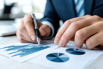 Businessman analyzing charts and graphs for financial data in an office setting.