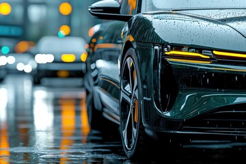 Close-up view of a sleek electric vehicle on a rainy urban street, showcasing modern design and technology.