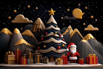 Pixel art Christmas scene, with 8-bit style Christmas tree, gifts, and Santa Claus, evoking a retro holiday vibe