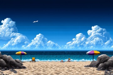 Pixel art beach scene, with 8-bit waves, colorful umbrellas, and tiny pixelated people playing in the sand, evoking a nostalgic, retro game feel