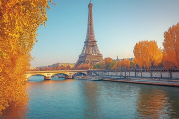 Obraz premium Tower by the Seine River during autumn