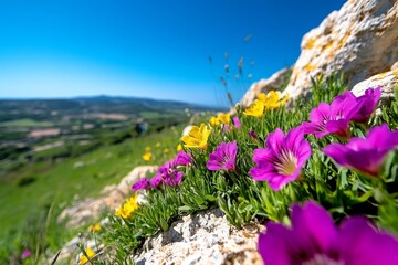 Obraz premium Rock rose plants scattered across a sun-drenched slope, their pink and yellow flowers glowing in the afternoon light