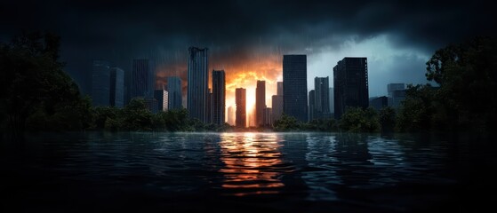 Fototapeta premium Dramatic skyline at sunset with reflection on water, surrounded by greenery, showcasing nature and urban contrast.