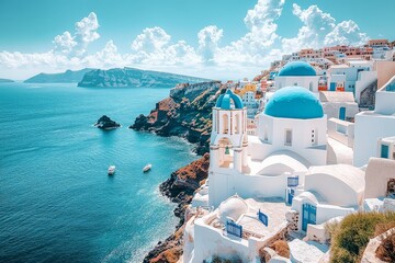 Santorini village with whitewashed buildings and blue domes