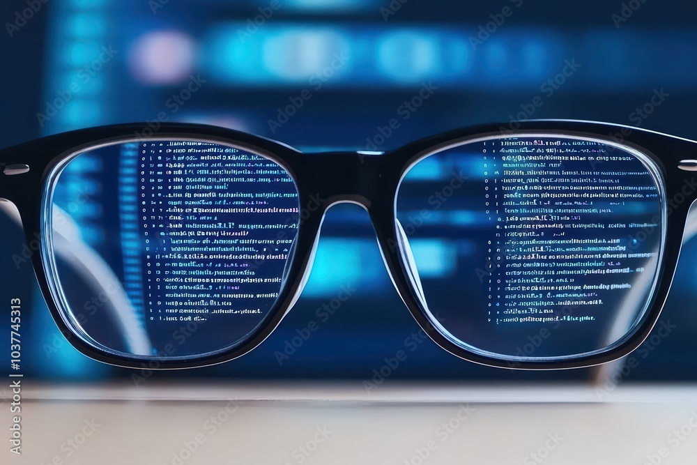 Poster glasses displaying code on the lenses, technology concept, innovation, focusing on programming and d