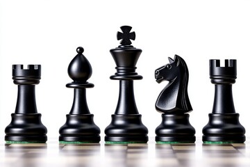 Silhouetted chess pieces, with the king and queen in focus against a clean white background, representing power and strategy