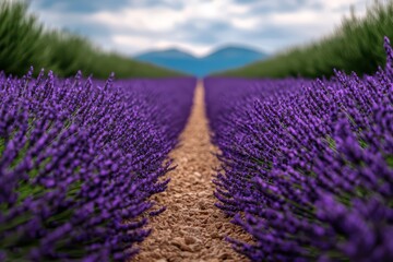 Obraz premium Lavender fields stretch toward distant mountains under a blue sky, creating a serene and vibrant landscape.