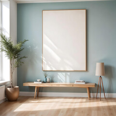 Bright and airy living room featuring Scandinavian-style minimalist furniture, natural wood accents, and a large blank frame on a pastel wall