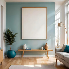 Bright and airy living room featuring Scandinavian-style minimalist furniture, natural wood accents, and large blank frame on pastel wall
