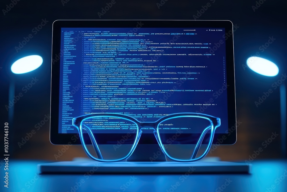 Poster modern workspace featuring glasses in front of a computer screen with coding information.