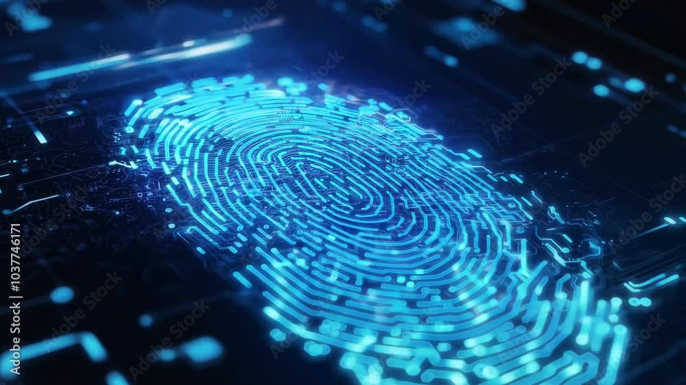 Poster A blue image of a fingerprint is displayed on a screen