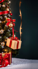 decorated evergreen tree with a golden gift box