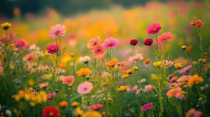 Fototapeta premium Floral Paradise: A Serene Tapestry of Blooms in Vibrant Hues
