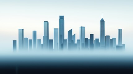 Fototapeta premium Silhouetted city skyline against a foggy backdrop, minimalistic design.