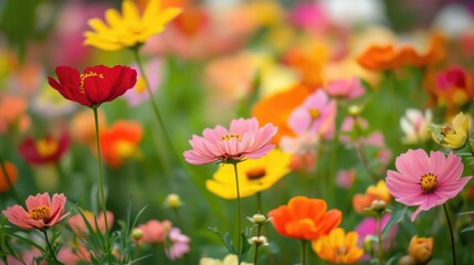 Fototapeta premium Floral Paradise: A Serene Tapestry of Blooms in Vibrant Hues