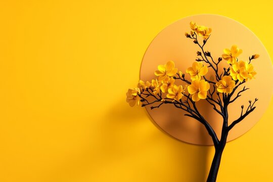 Wattle blossom in a minimalist graphic, with simple lines and a soft yellow palette