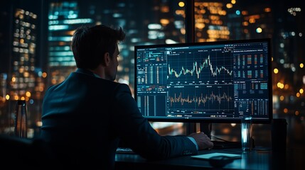 Businessman looking at stock market charts and graphs on a digital screen