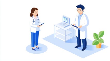 Two healthcare professionals discussing patient information in a modern clinic setting with technology.