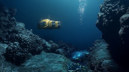 A robotic underwater exploration mission, deep-sea hydrothermal vents backdrop, Hydrothermal Exploration style