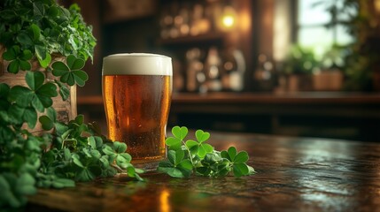 Culinary-themed St. Patrick's Day celebration with beer and clover leaves on a bar table in a pub
