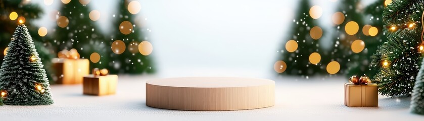 Wooden podium surrounded by snowy trees and festive lights, perfect for holiday presentations.