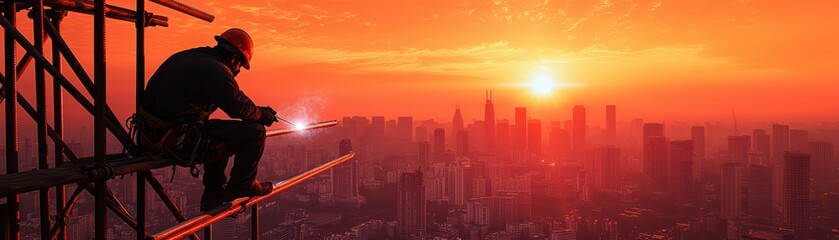 Fototapeta premium Worker welding at sunset in a city skyline, panoramic view showing urban construction.