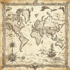 Obraz premium Antique World Map: Embark on a journey through time with this vintage-style world map, featuring intricate details, a sailing ship, and compass rose.