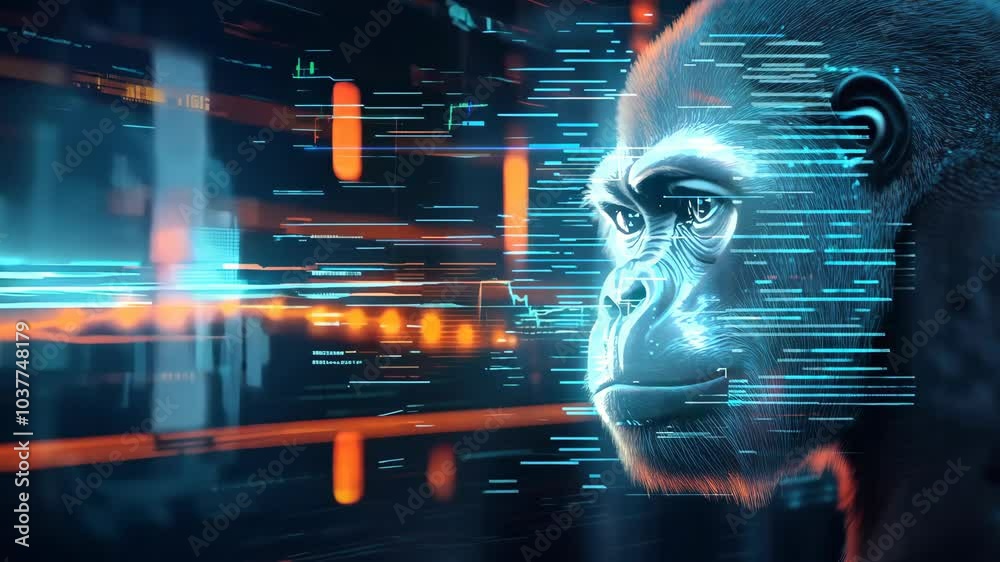 Poster A gorilla is staring at the camera in a computer generated image