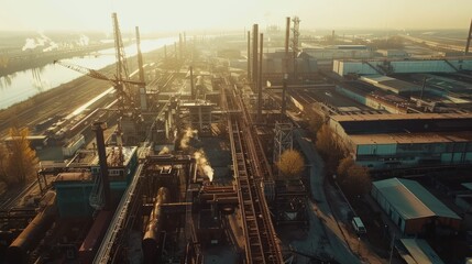 Aerial View of Industrial Complex at Sunset