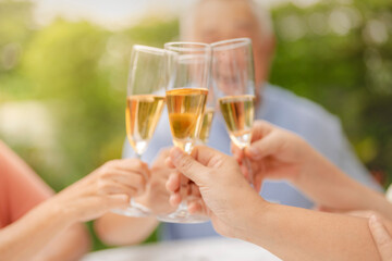 A group of people clink champagne glasses together in a celebratory toast. The image conveys joy, celebration, and togetherness in an outdoor setting, symbolizing special moments and shared happiness.