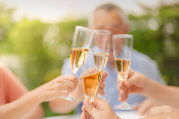 A group of people clink champagne glasses together in a celebratory toast. The image conveys joy, celebration, and togetherness in an outdoor setting, symbolizing special moments and shared happiness.