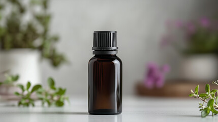 Simple Single Essential Oil Bottle with Dark Glass Finish, White Background, Soft Lighting, Generative AI